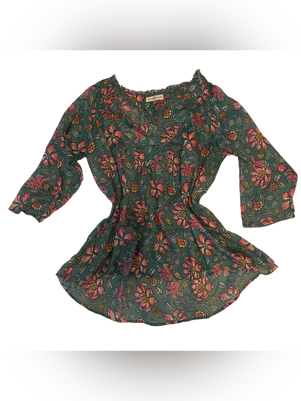 NATURAL LIFE Green Floral Peasant Top with Pink & Yellow Accents - Picture 2 of 3